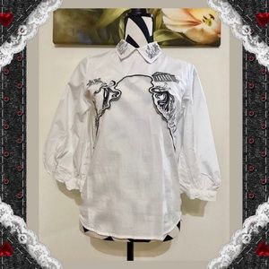 Trendy Embroidered Balloon Sleeve White Blouse